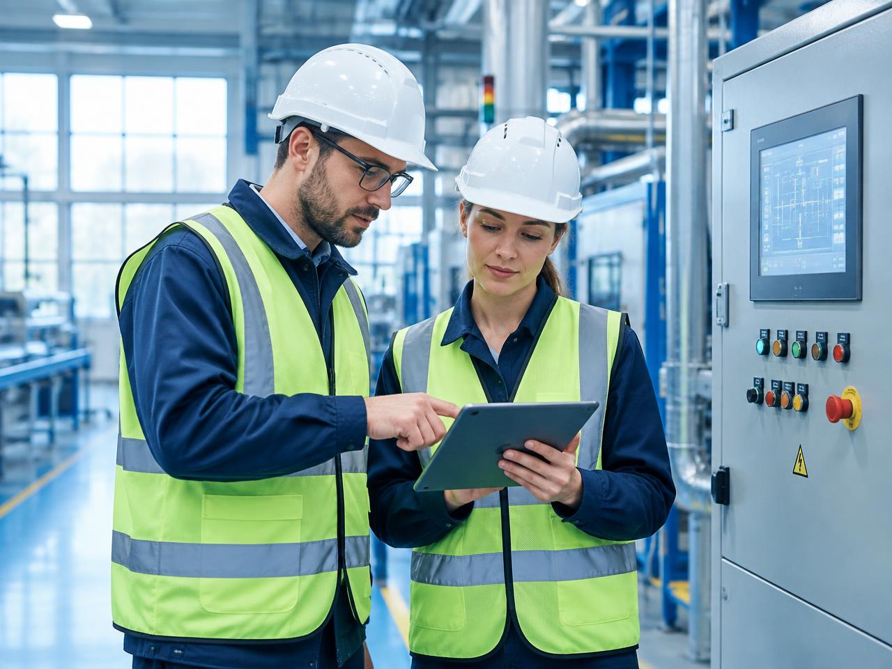 Engineers reviewing a control panel in a factory