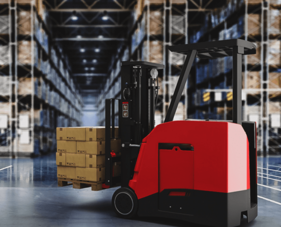 Self-driving forklift transporting goods in an automated logistics facility